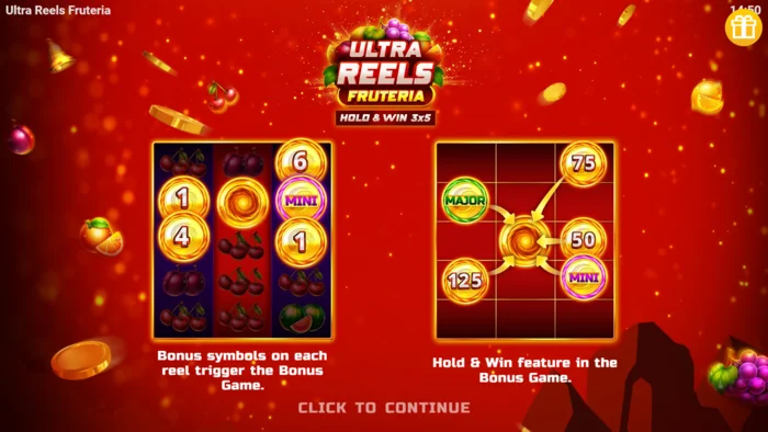 Ultra Reels Fruteria - menu ng pagsisimula at pindutan ng paglunsad